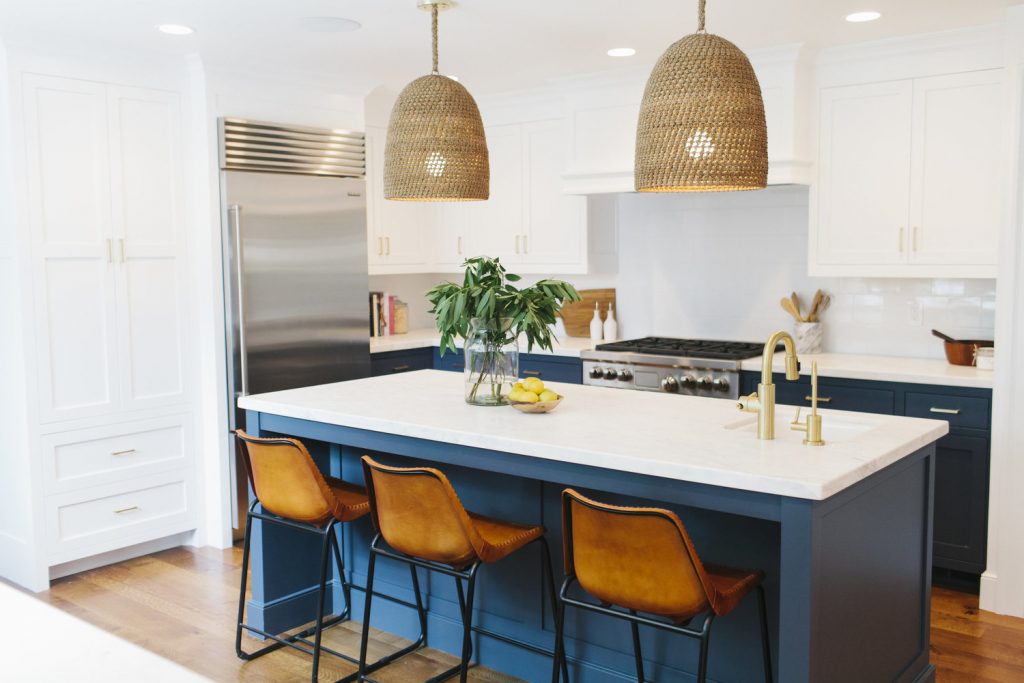 Kitchen island painted Hale Navy.