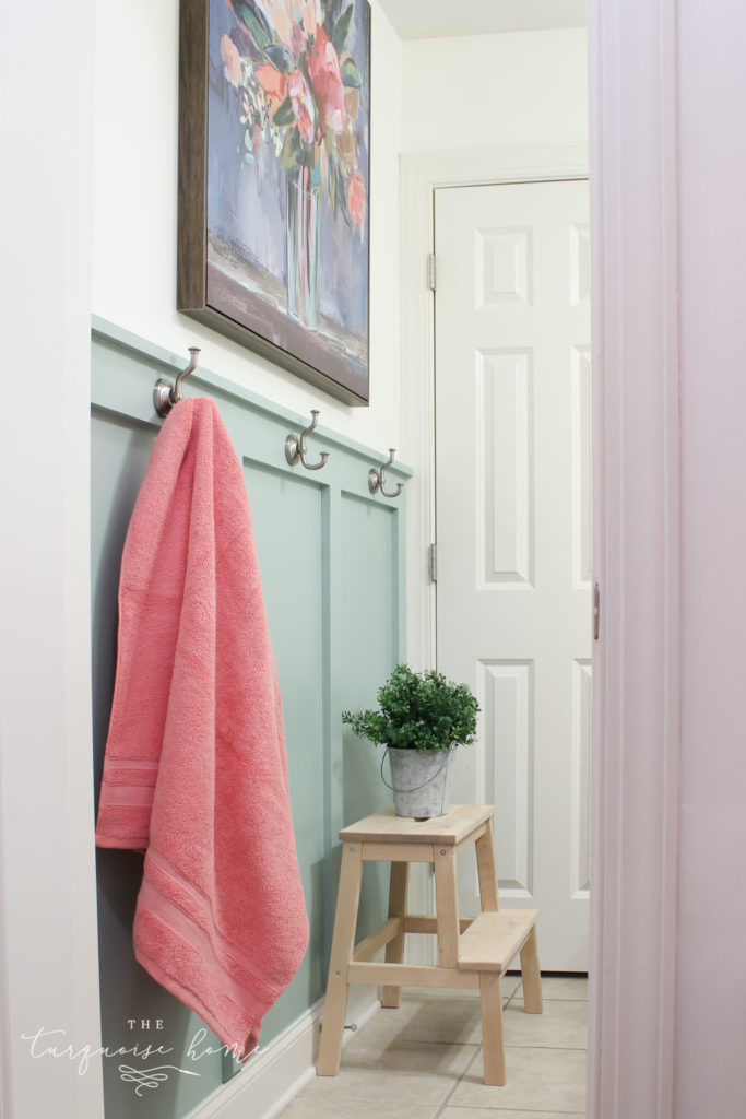 Beautiful board and batten in a bathroom - in a rush color called Wythe Blue. #wytheblue #benjaminmoore #paintcolors