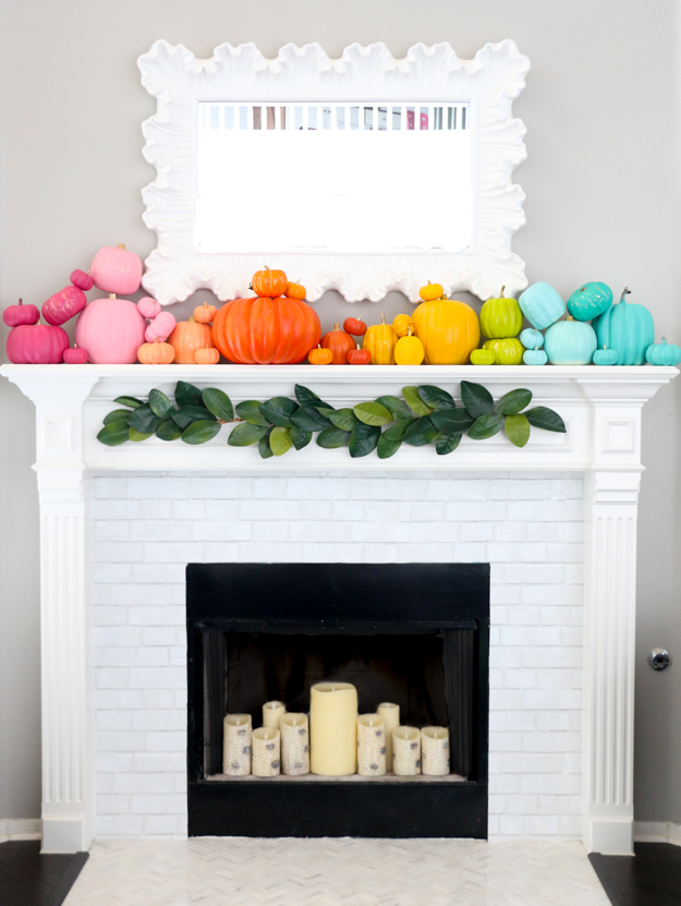 rainbow pumpkins on mantle