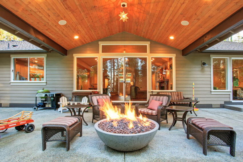 An Outdoor Patio With a Firepit