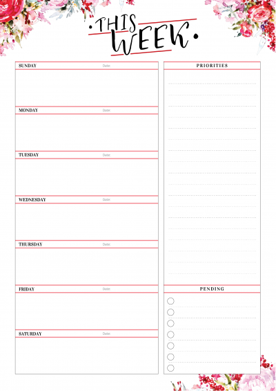 Sample Weekly Calendar Template