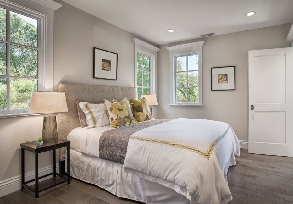 The bedroom painted with Edgecomb Gray