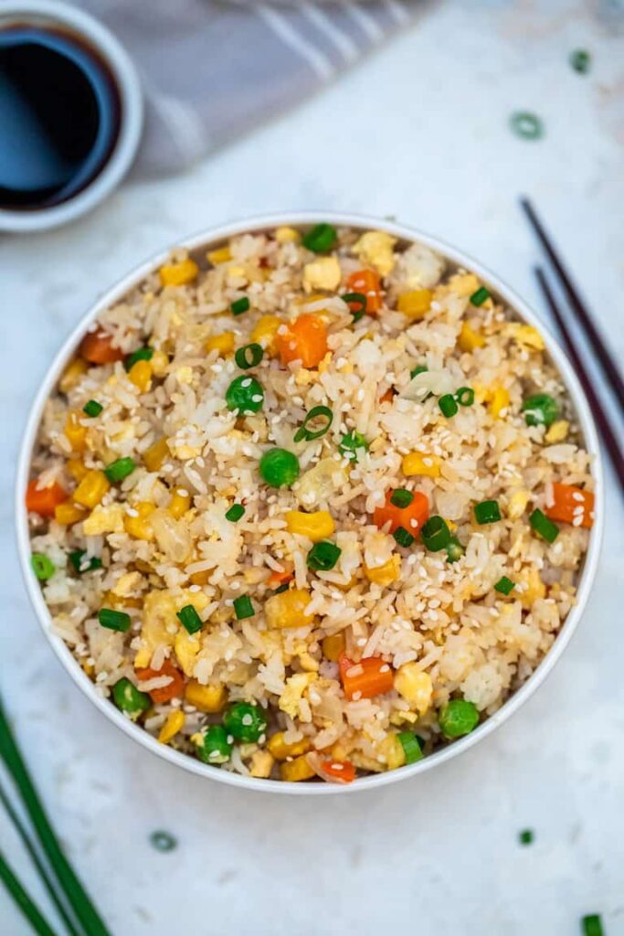 Instant pot fried rice in a bowl with a white background