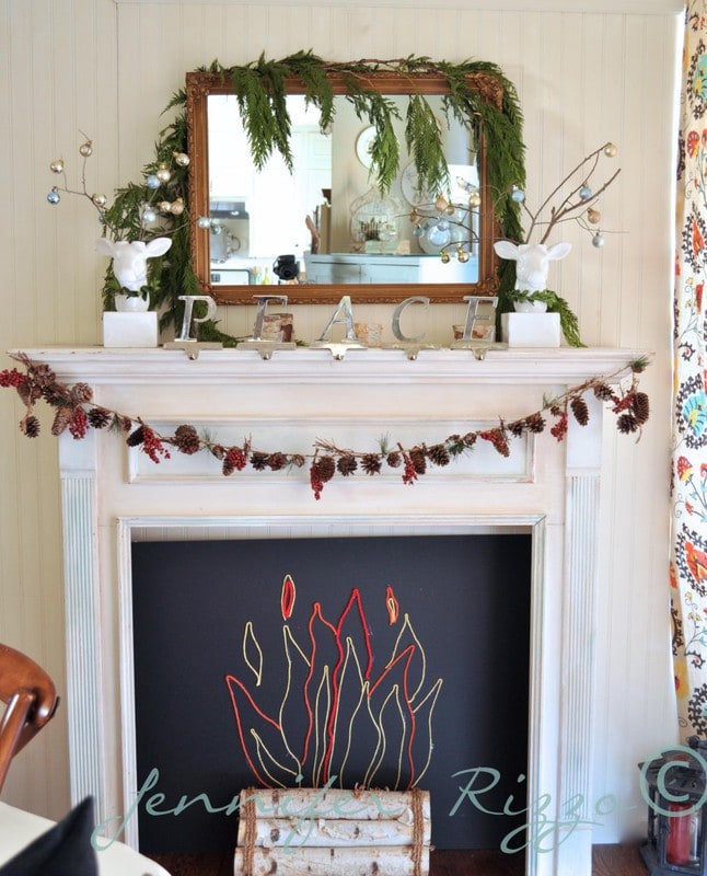 Fake fireplace with crafty string flame outline